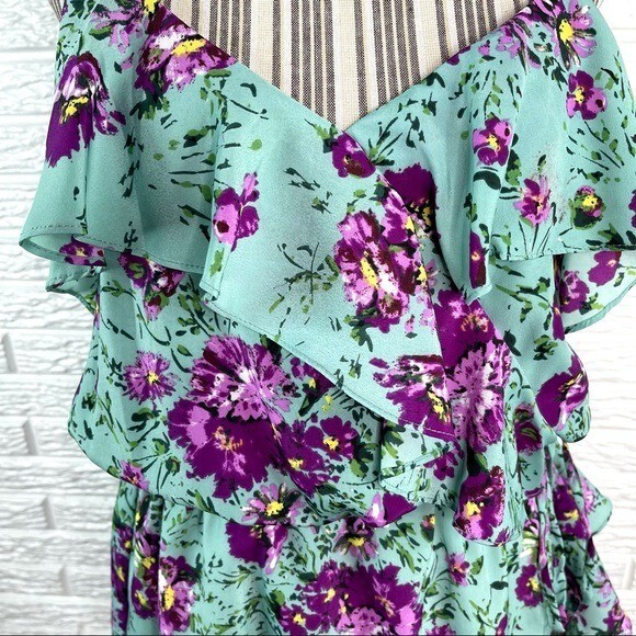 Sugar Lips Sage in Ruffles Multicolored Floral Sleeveless Blouson Dress Medium