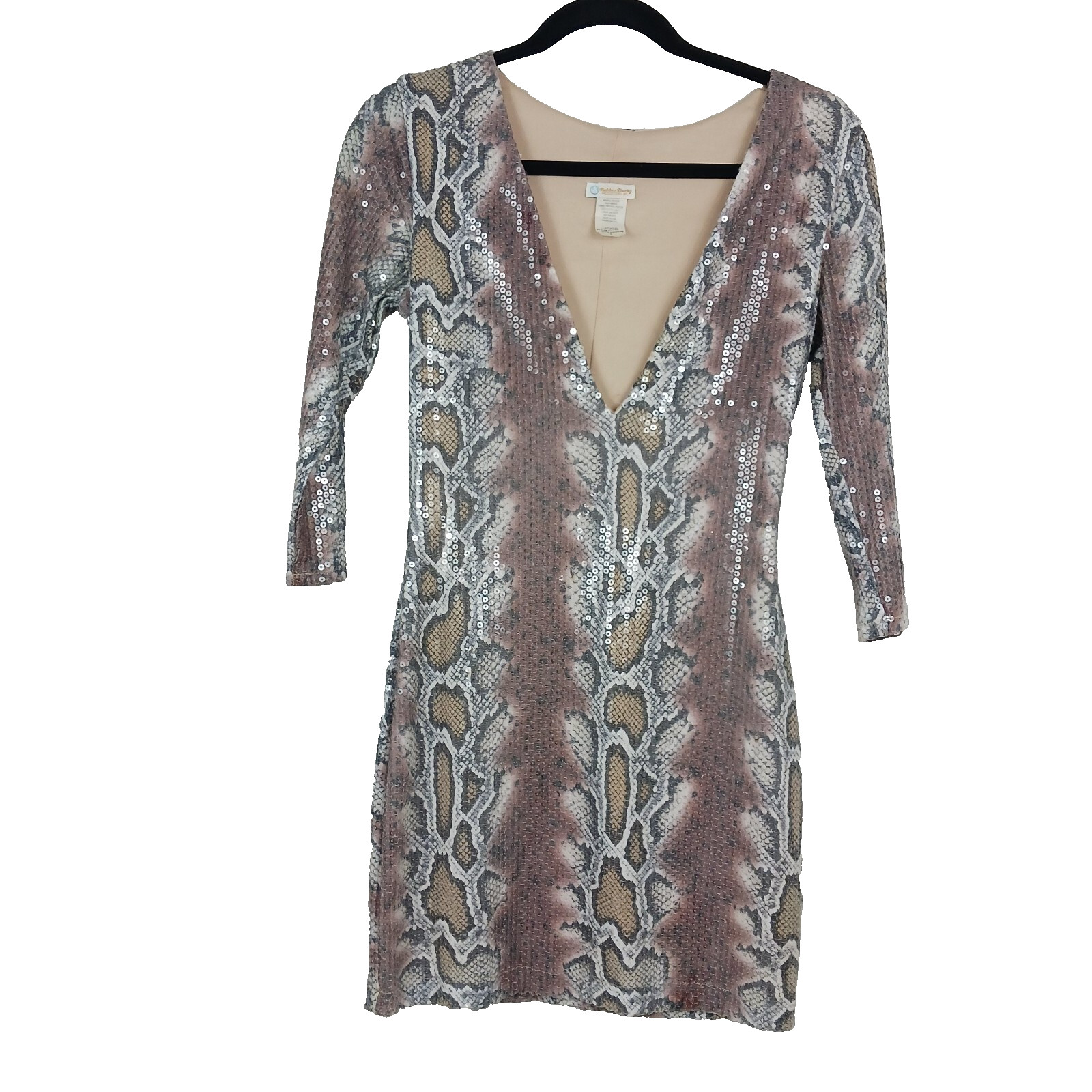 RUBBER DUCKY mini dress women’s animal print sequin 3/4 sleeve brown size S