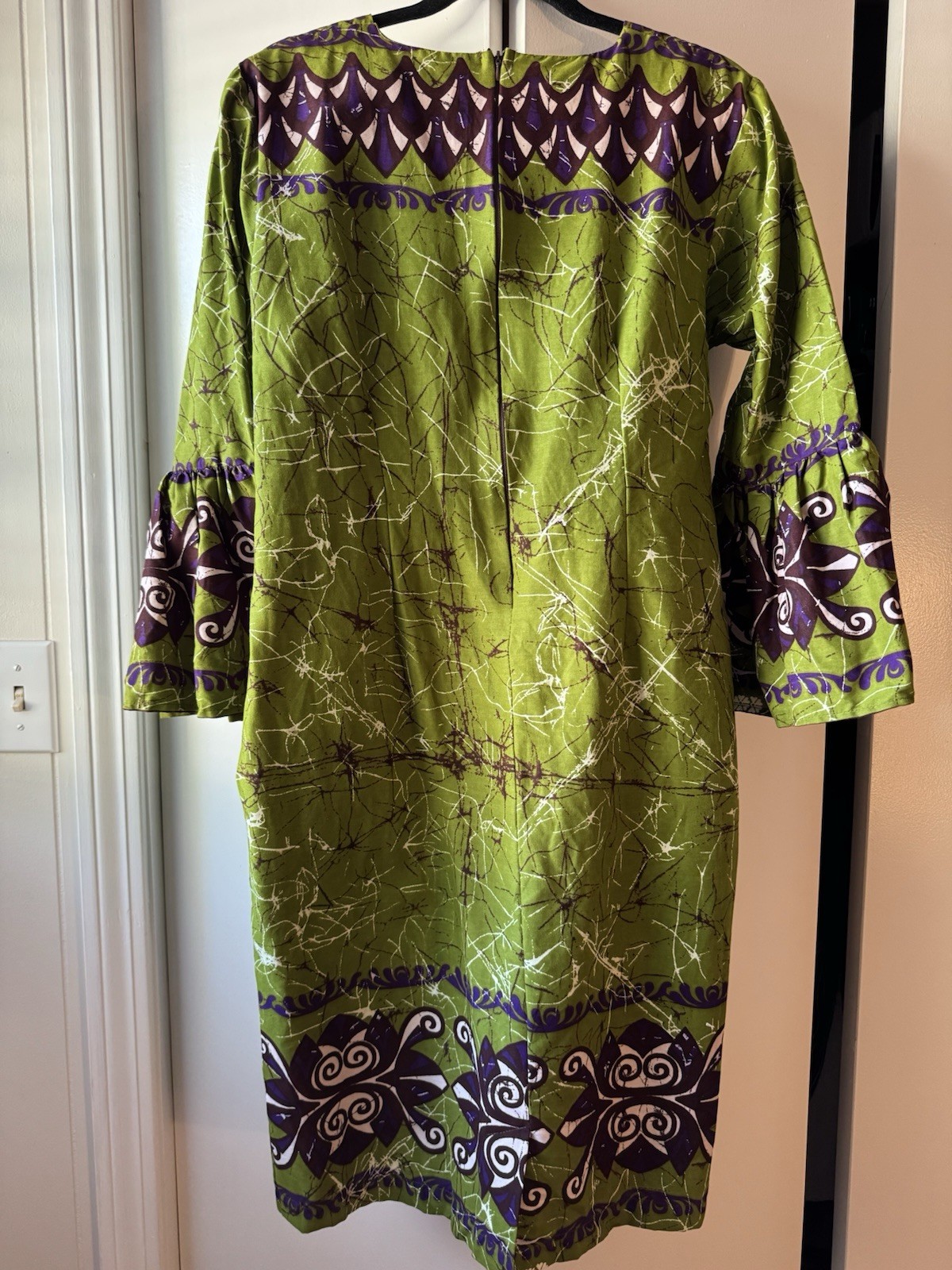 Anningtex Wax Nigerian Batik Cotton Shift Dress | Green & Purple Abstract