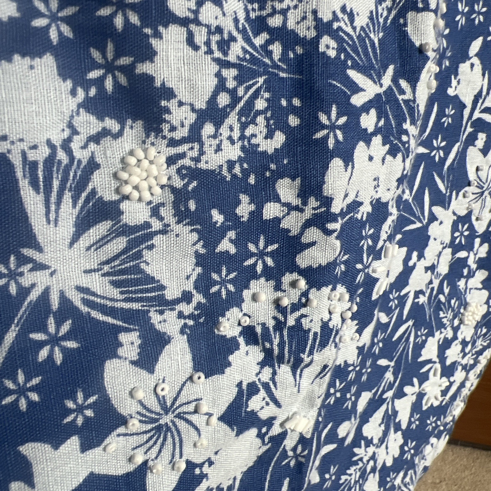 Per Una Dress UK 8 Blue White Floral Beaded Linen Cotton Blend Pockets Summer