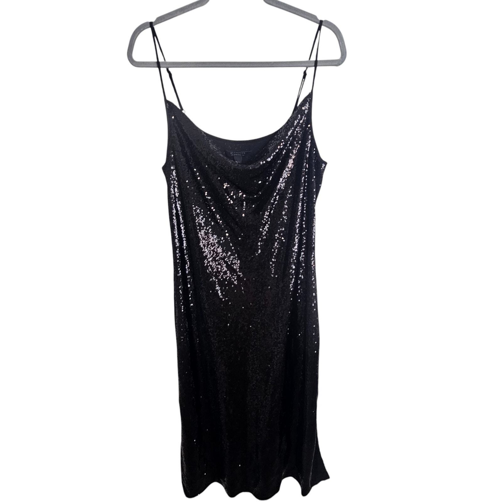 All Saints Dress Slip Dress Cowl Neck Dress Midi Dress Sequin Dress 10 Black