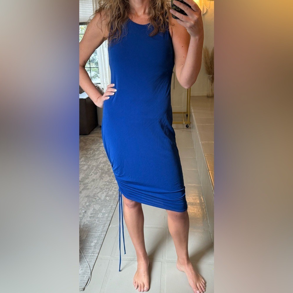Green Envelope LA Blue Ruched Midi Tank Dress Adjustable Side Drawstring NWT S