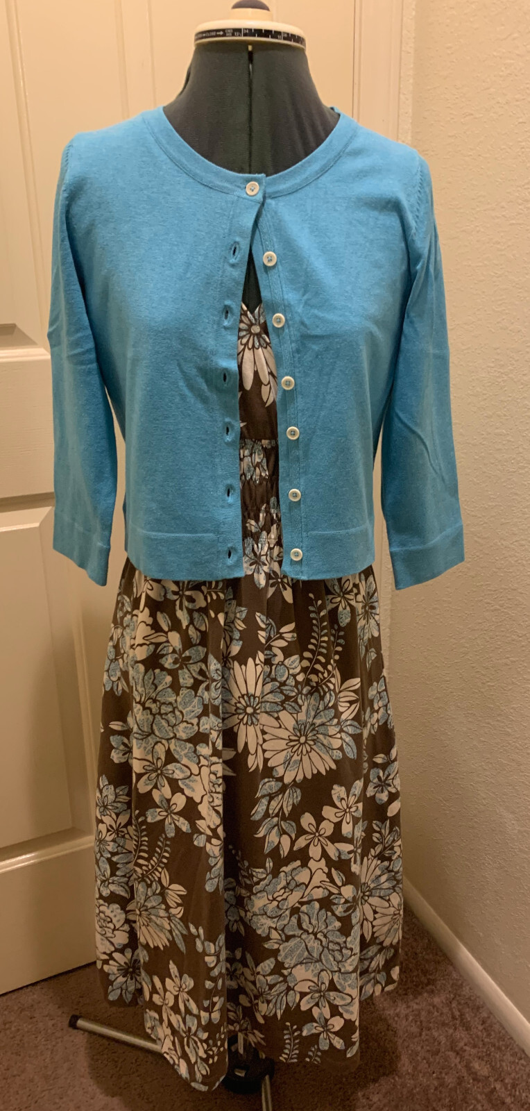 Eddie Bauer Cotton Knit Shirred Waist Midi Dress Blue/Brown/White Floral — XS