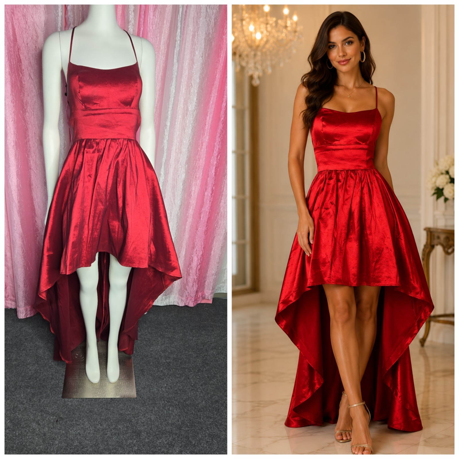 B. Darlin Red Satin Shimmer Hi-Low Bustier Strappy Prom Formal Dress Size 5/6