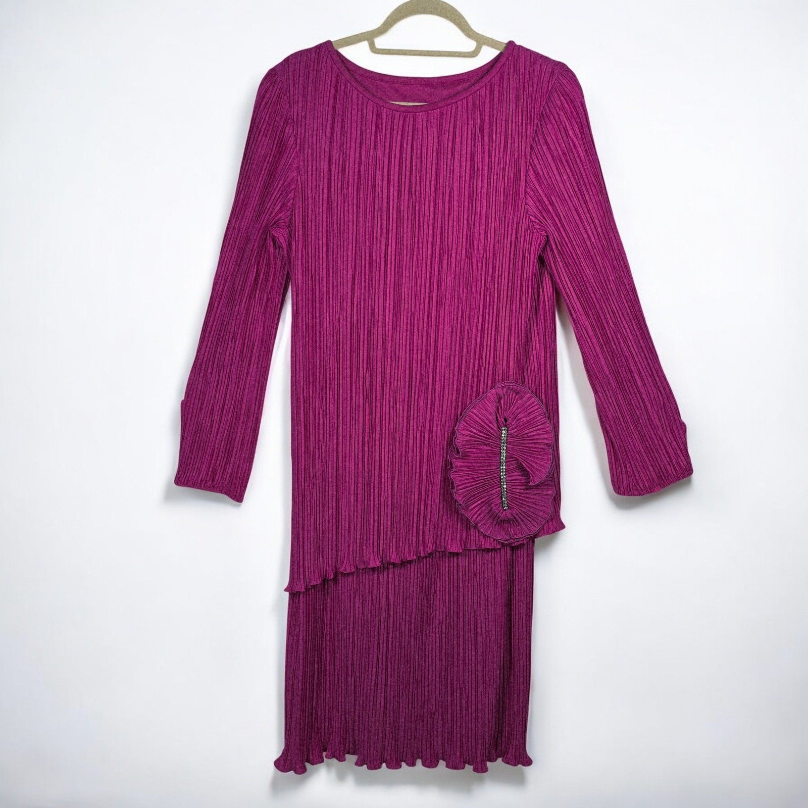 VTG AFTER DARK Midi Dress Magenta Pink Pleated Rhinestone Accent Woman Medium?