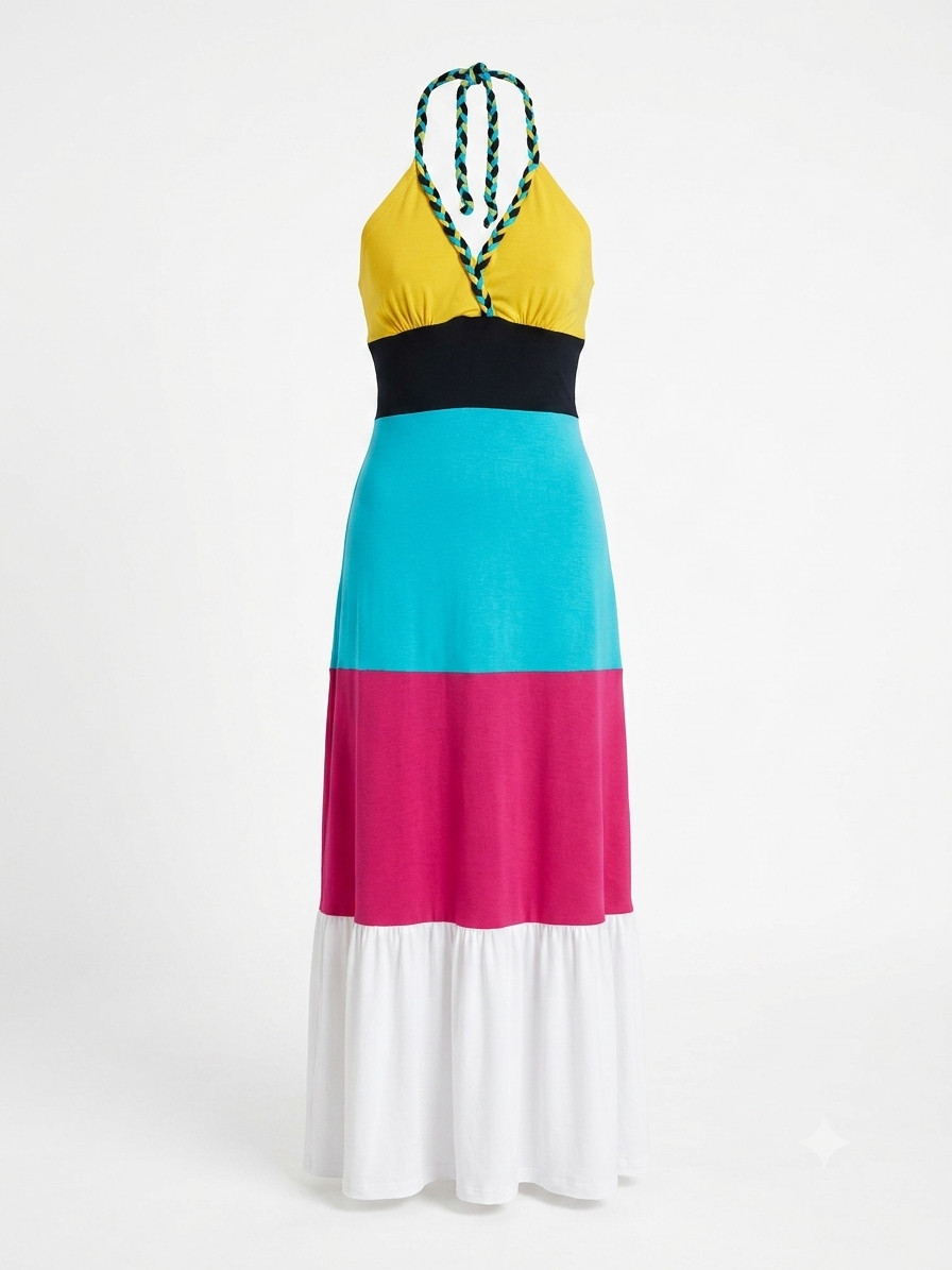 Women’s Color Block Maxi Dress Halter Braided Strap Summer Beach Long Flowy