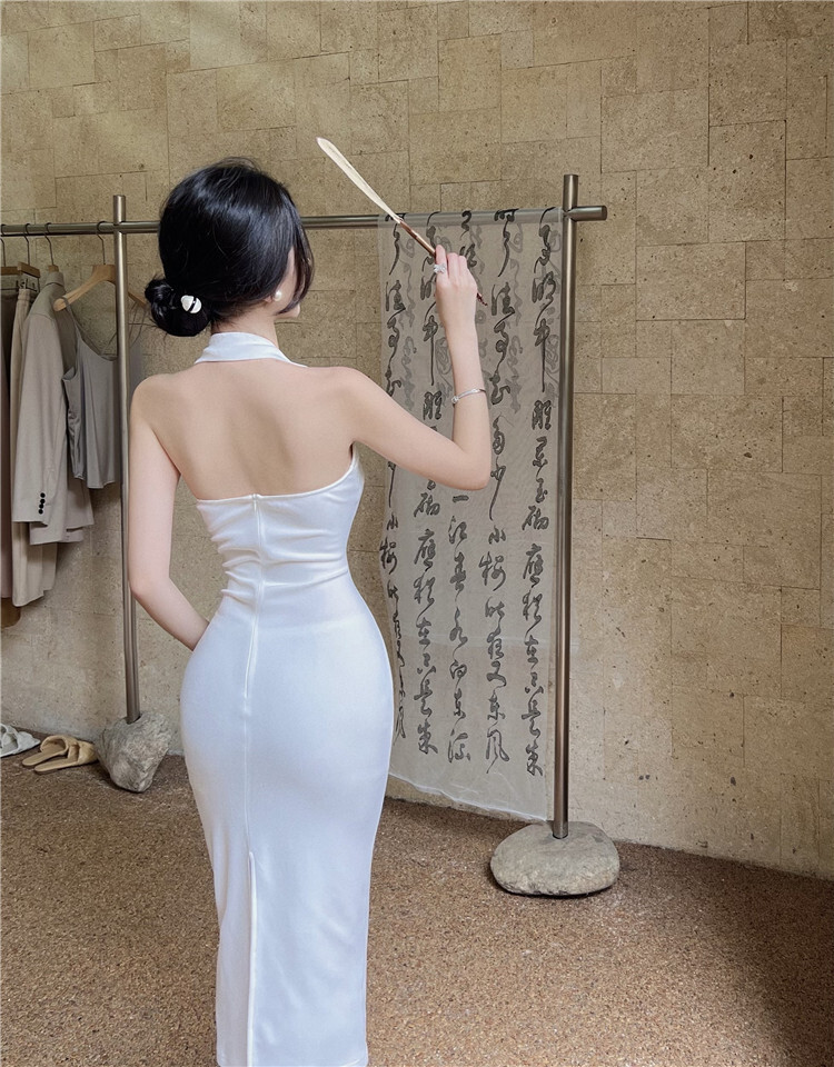 Women Sexy Open Back Mid Length Split Dress Summer Slim Fit Wrap Hip