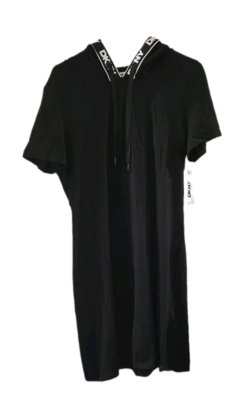 DKNY Black Hooded T-Shirt Dress Short Sleeve Logo Drawstring Sporty L