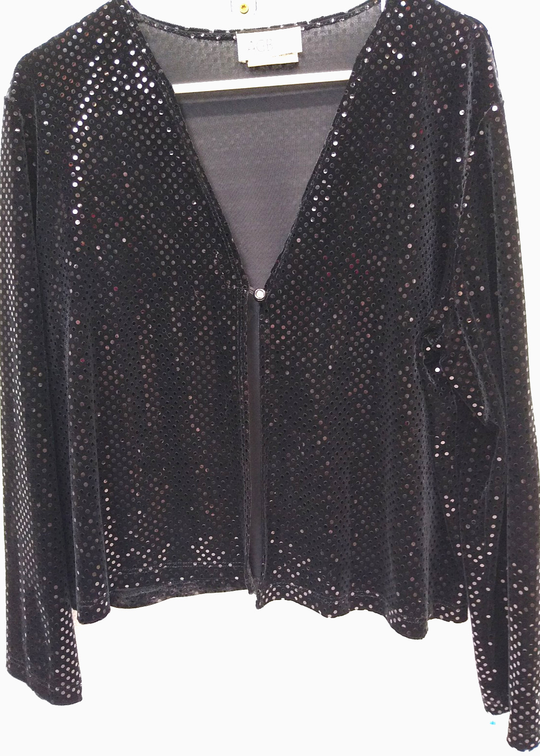 AGB Black Sequin Dress Jacket 1 Rhinestone Button lg Sleeve Polyester/Spandex