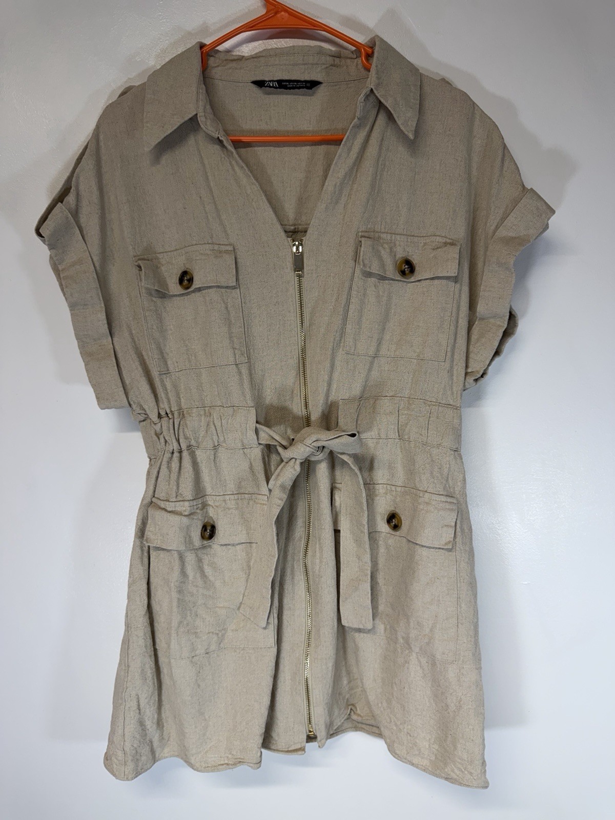 Zara Women’s Dress Cargo Pocket Safari Khaki LINEN Blend Collared SZ Xl