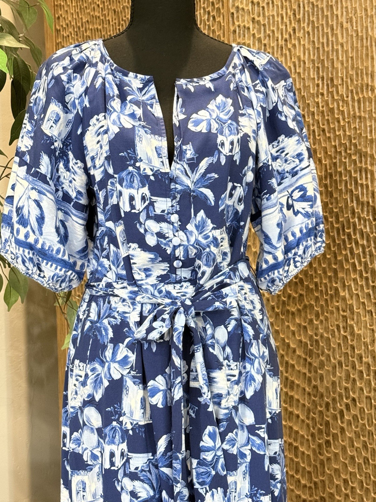 LOFT NEVER WORN Maxi Dress Blue White Floral Split Neck Puff Sleeves Button Tie