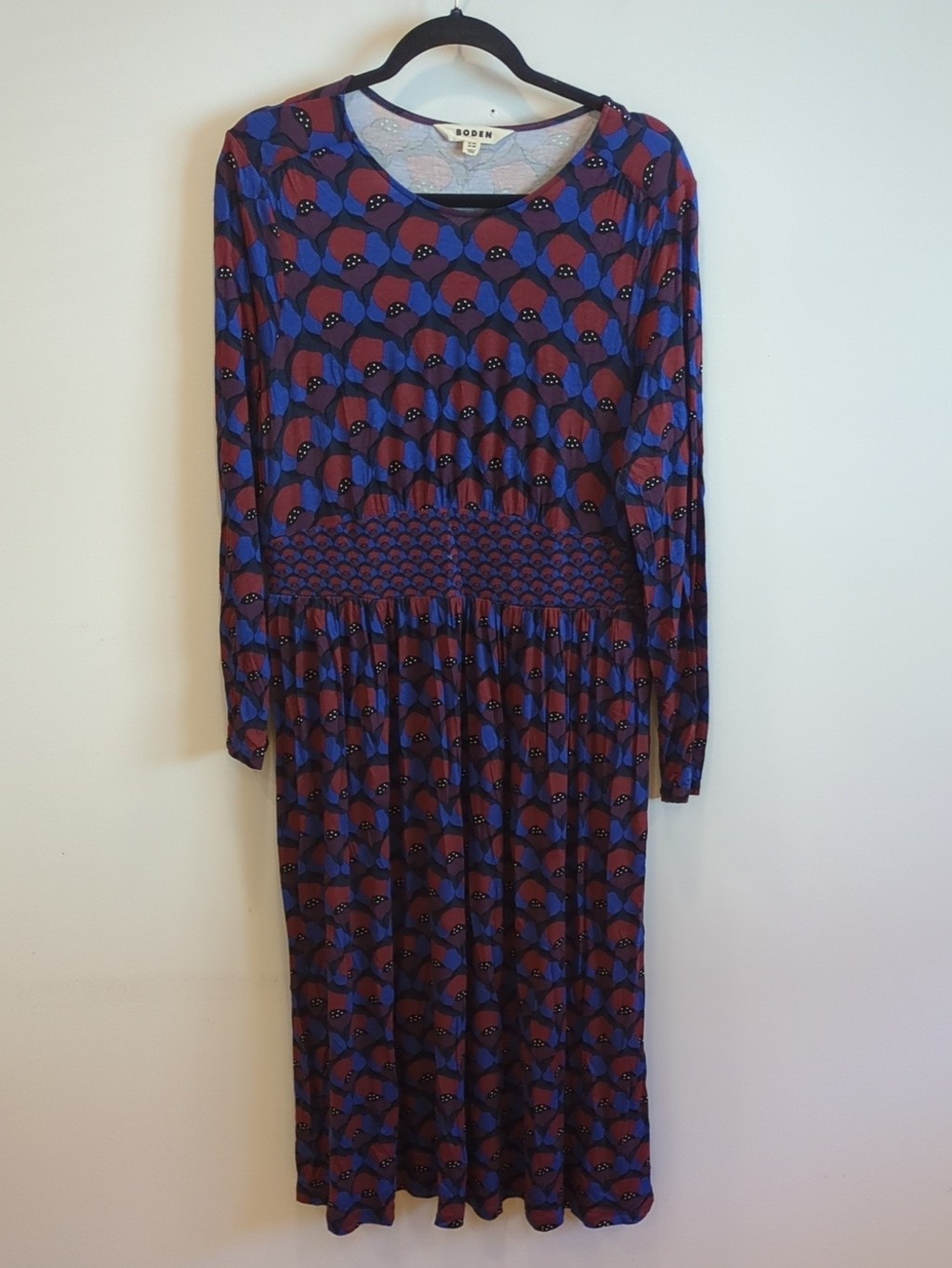 Boho Artsy Preppy Whimsy Boden Jersey Burgundy Navy Blue Purple Midi Dress US 12