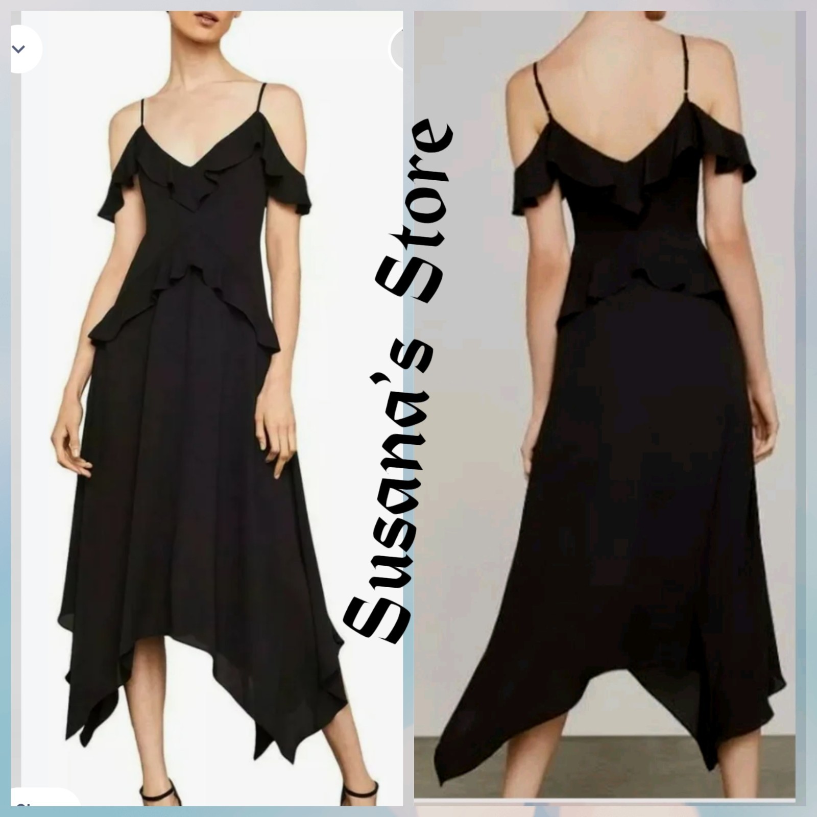 NWT BCBG MAXAZRIA SIZE XS LISSA RUFFLE COLD SHOULDER ASYMMETRIC MIDI DRESS $228