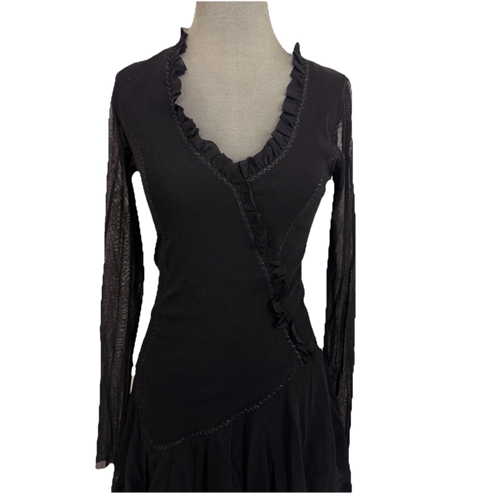 FUZZI Whimsigoth Tiered Dress Sz M Italy Black Mesh Fit Flare Layered Witchy