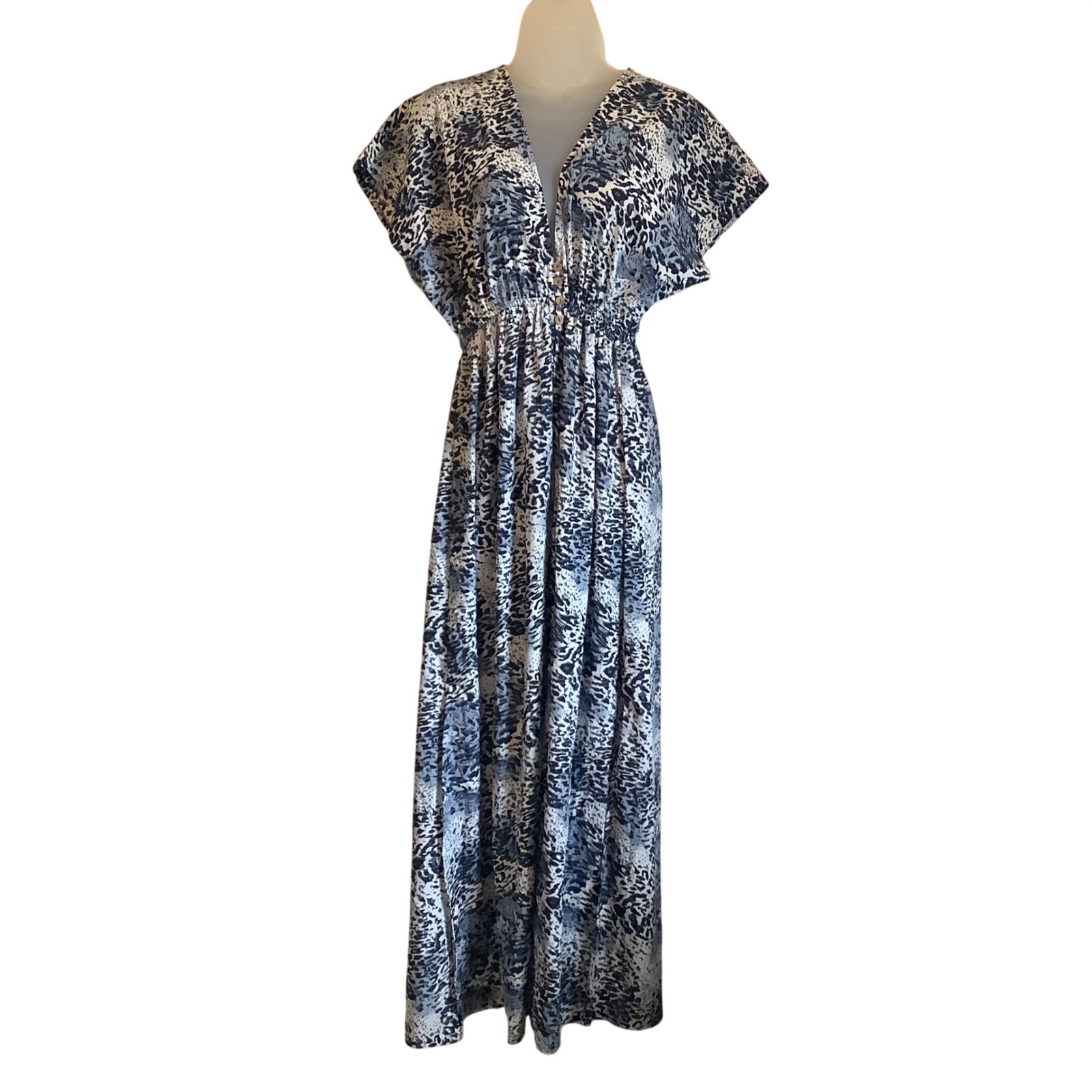 Kendall + Kylie Blue Animal Print Maxi Dress V-Neck Elastic Waist Small NEW