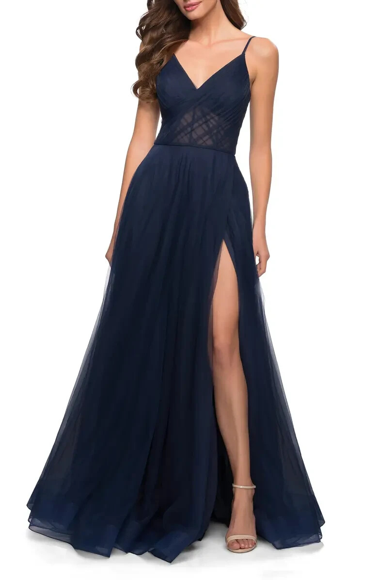 La Femme Navy Blue Side Slit Illusion A-Line Tulle Ballgown Size 10 $448