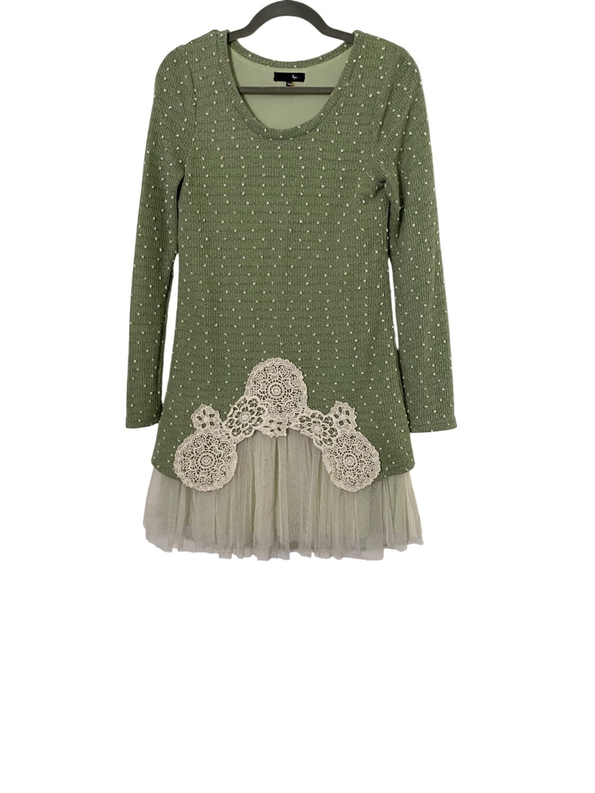 RYU Women’s M Green Dress Knit Polka Dots Lace Appliqué Tulle Hem Feminine Artsy