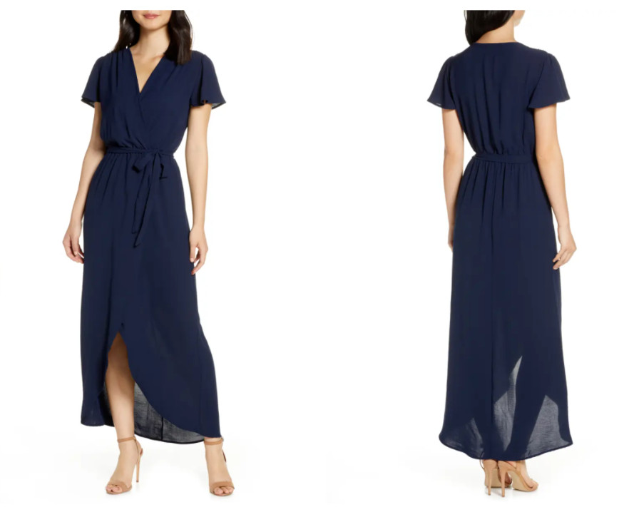 FRAICHE BY J Navy Tie Waist High/Low Faux Wrap Maxi Dress M = 6/8 Nordstrom NEW