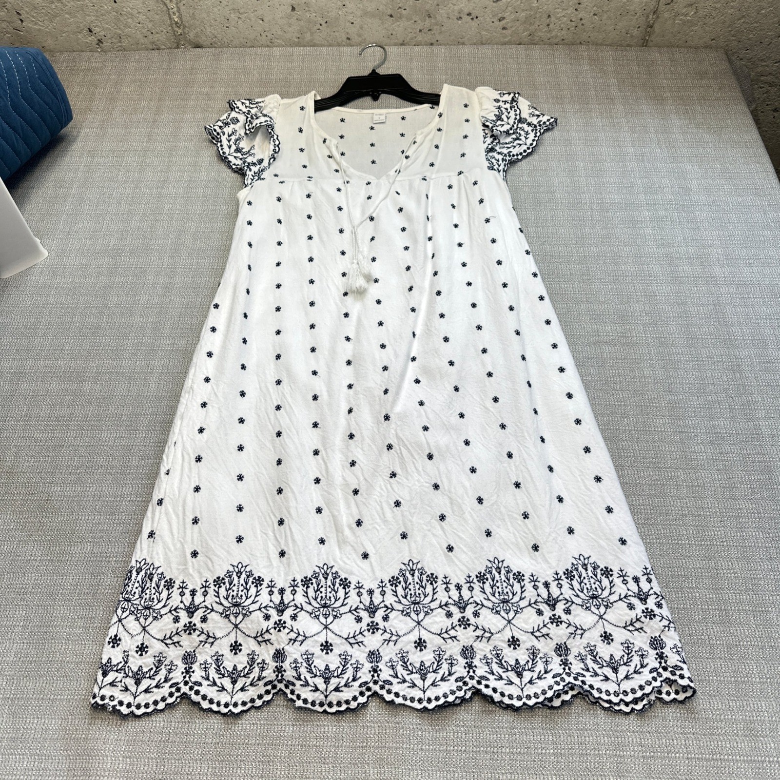 Boho Embroidered Linen Blend Midi Dress Small Puff Sleeve Tassel Peasant Style *