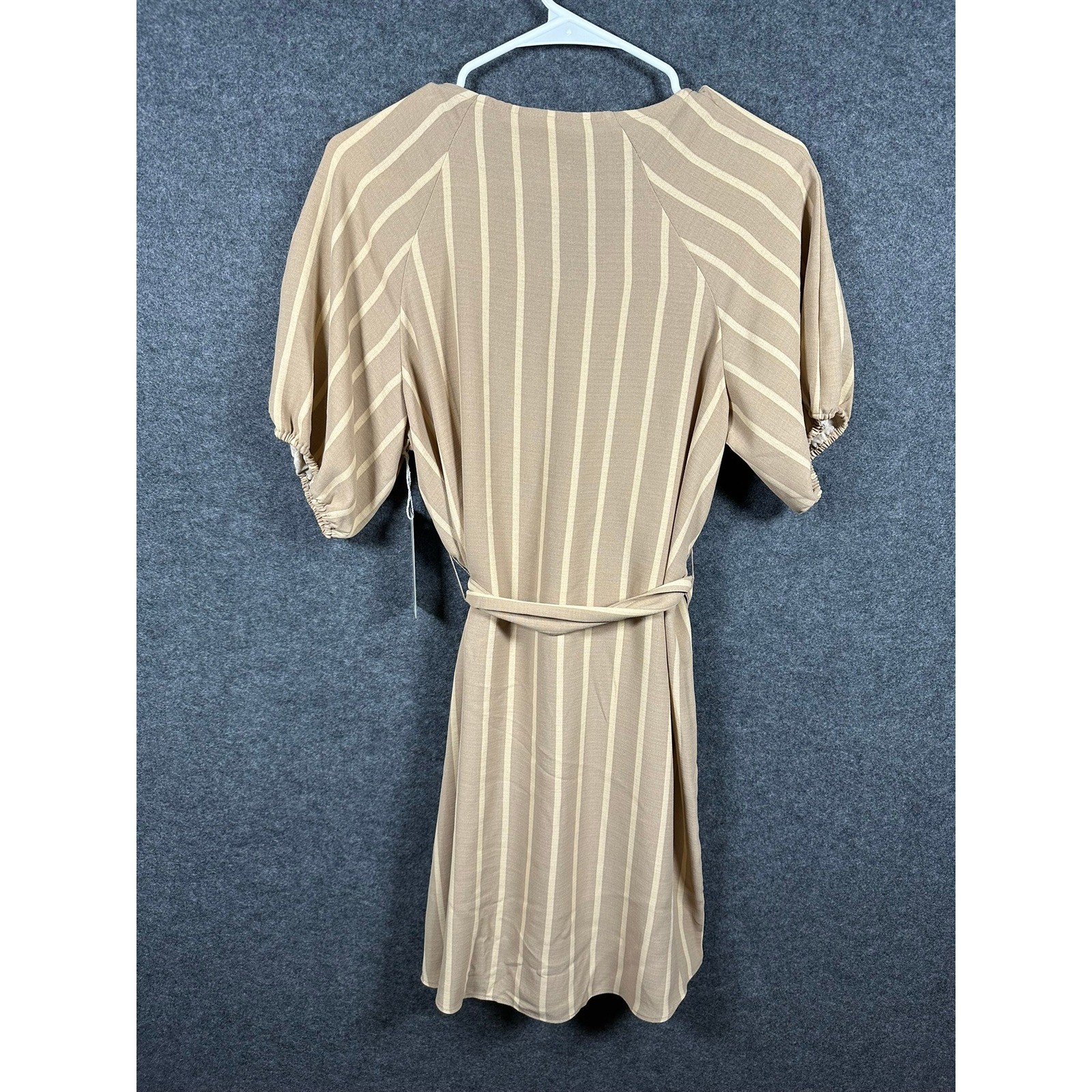 Worthington Womens XS Tan Striped V-Neck Puff Sleeve Tie-Waist Dress NWT