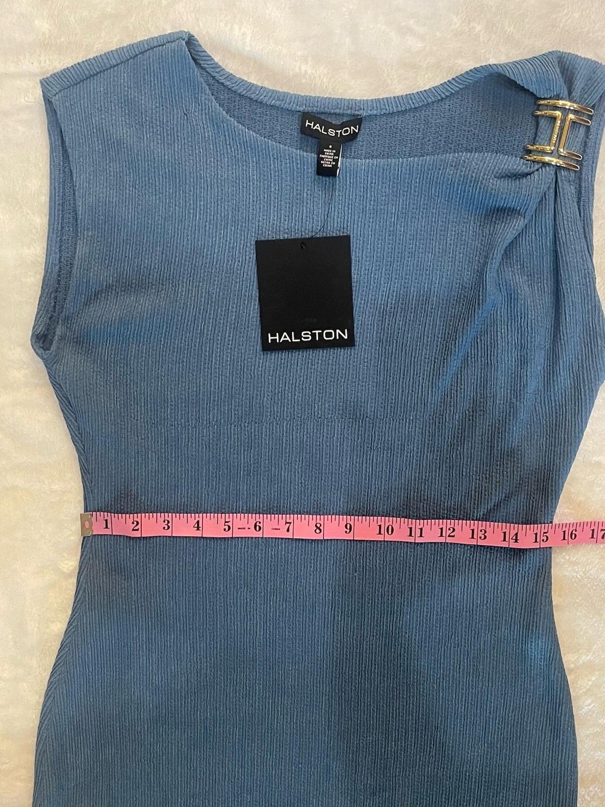 Halston Blue Solid Boat Neck Sleeveless Sheath Dress Buckle Knee Knit 16