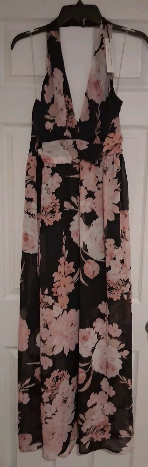 *Shinestar* Womens Maxi Dress, Size Large, Black, Pink Floral, Halter, Slim Fit