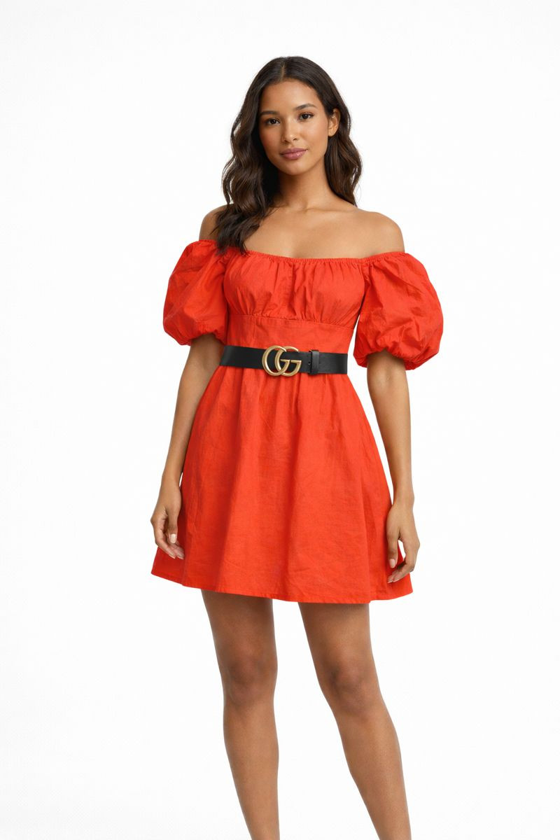 Women’s Off Shoulder Puff Sleeve Mini Dress, Red, Size Medium