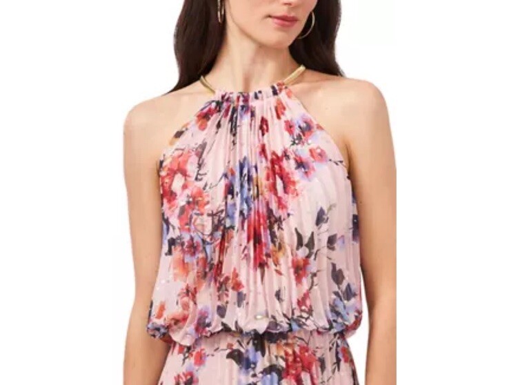 MSK Pink Pleated Elastic Waist Back Cut Out Floral Sleeveless Gold Halter Size 6