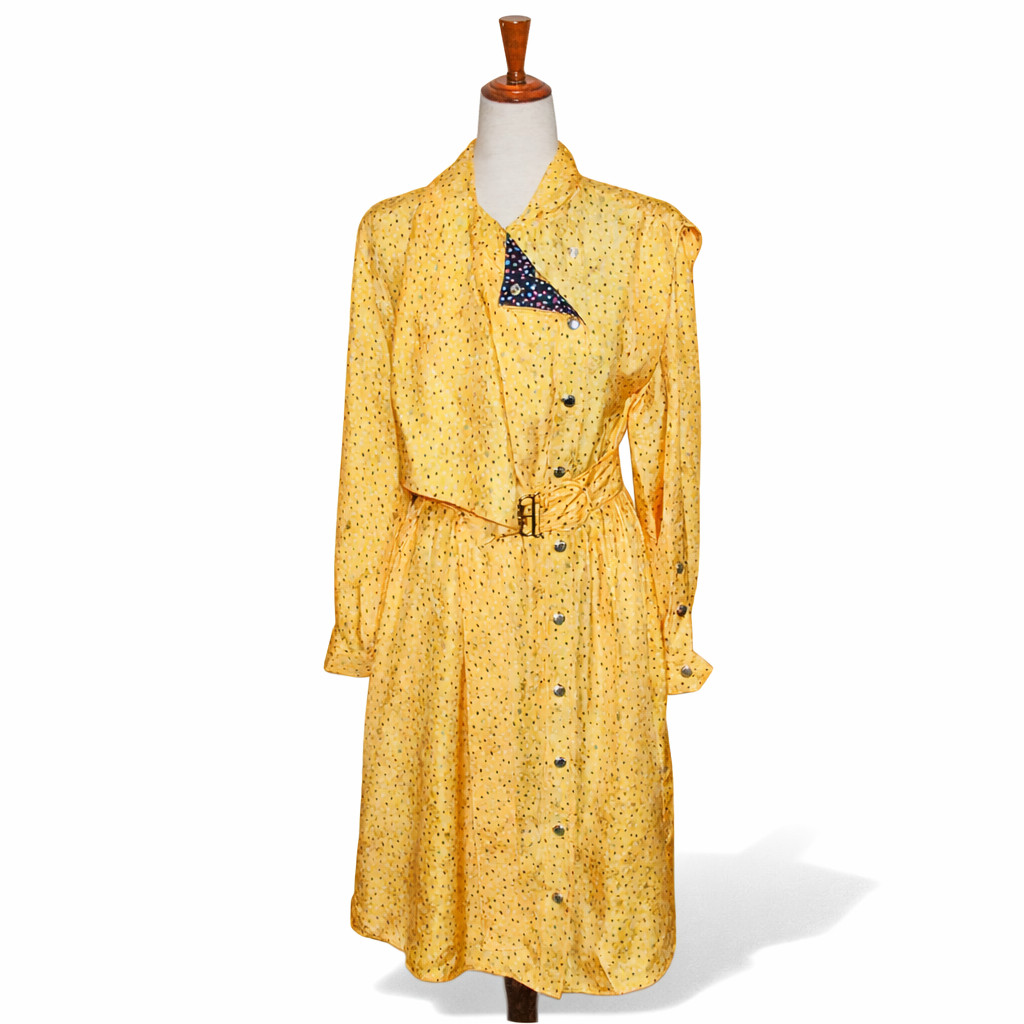 COACH sz 2 100% Silk Ditsy Dot Print Architectural Drape Belted Dress Yellow