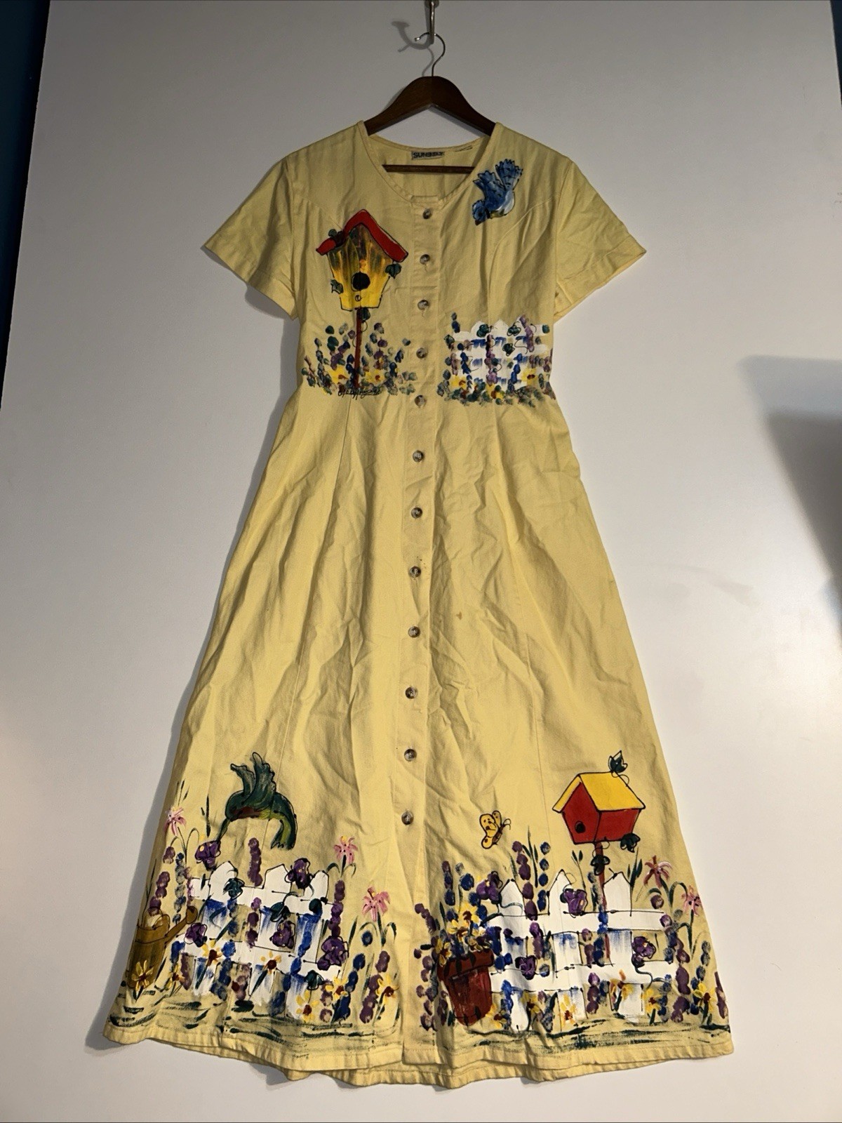 Sunbelt Vintage Dress 1996 Yellow Birdhouse Birds Hand Painted No Size-023