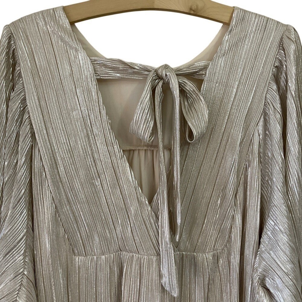Daniel Rainn Silver Metallic Plisse Long Sleeve Tie Back Shift Dress XXL NWT
