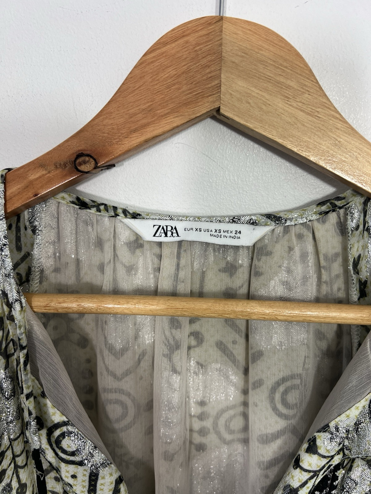 Zara A Line Boho Mini Dress Size XS Relaxed Oversized Fit Green Metallic Silver
