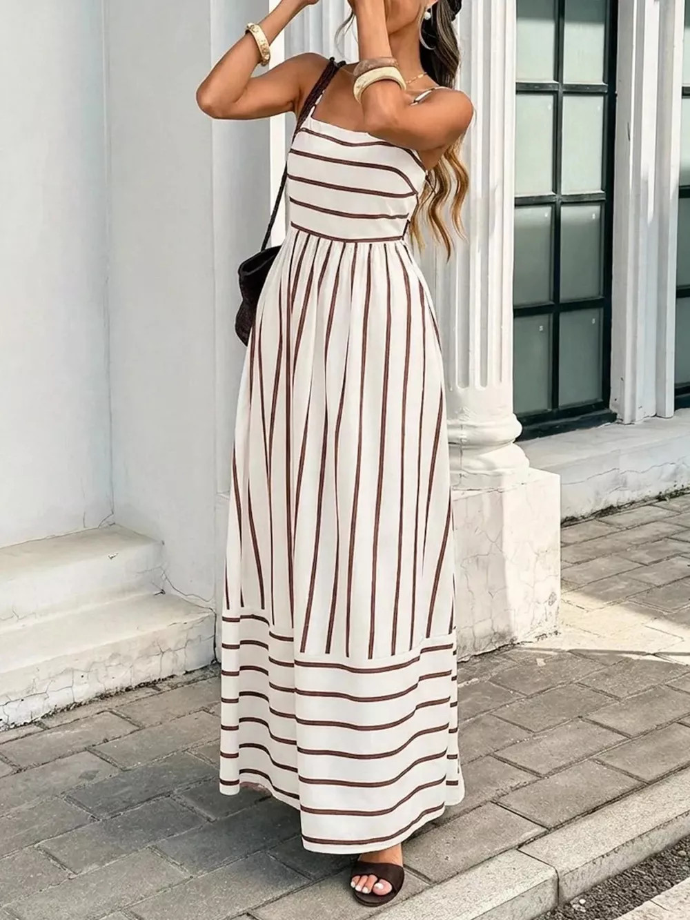 Playful Cut Out Backless Fall Transitional Maxi Cream w Tan Stripes Dress