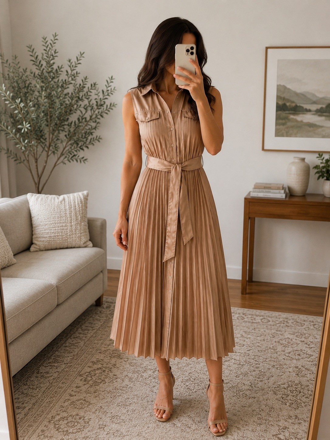 Elie Tahari Sleeves Pleated Shirt Dress Beige Size M Original retail: $395