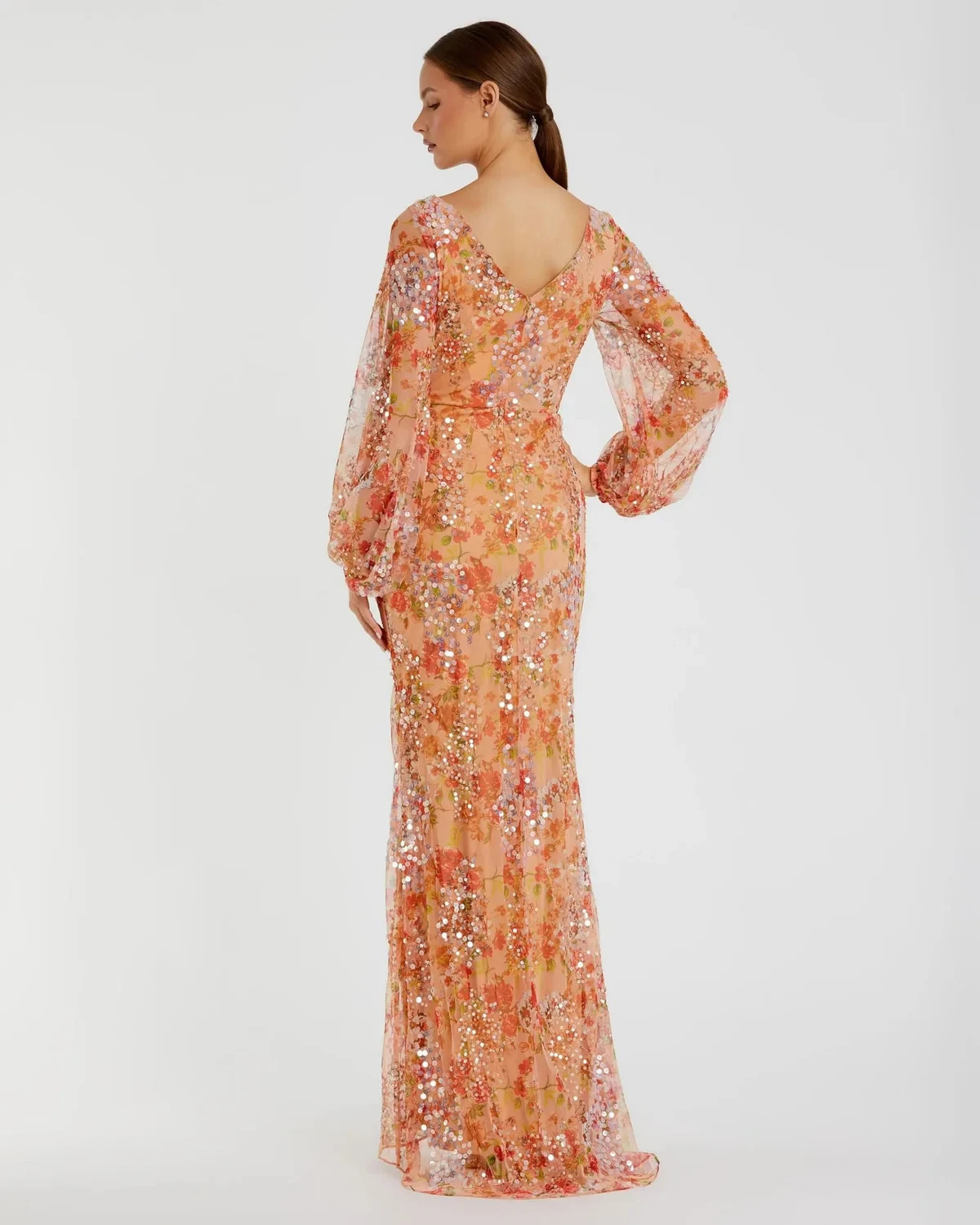 Mac Duggal Apricot Floral Sequin Long Puff Sleeve Gown Size 16 $458