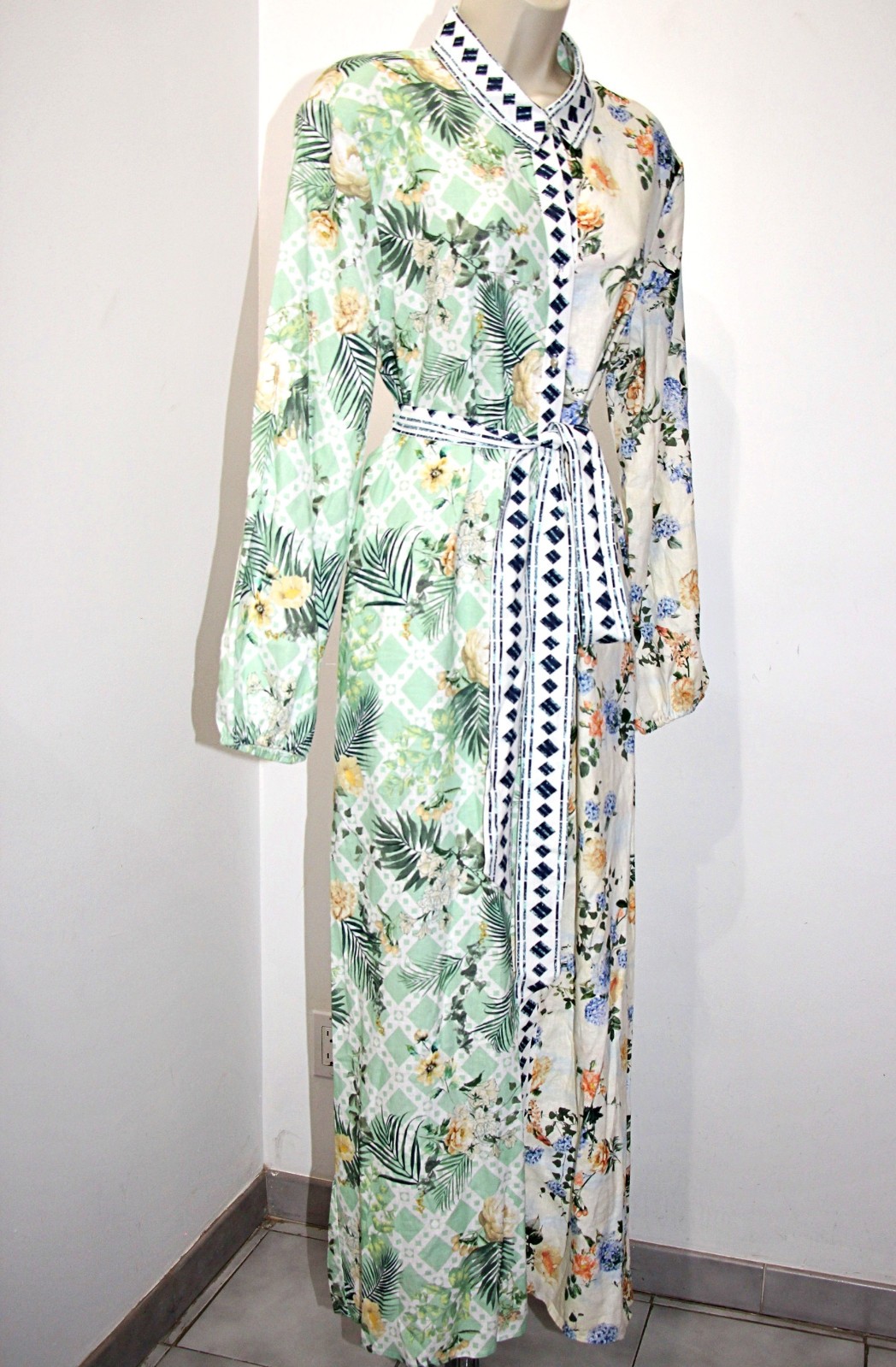 Magaschoni Linen Blend Button Front Pockets Belted Maxi Shirt Dress sz L $228