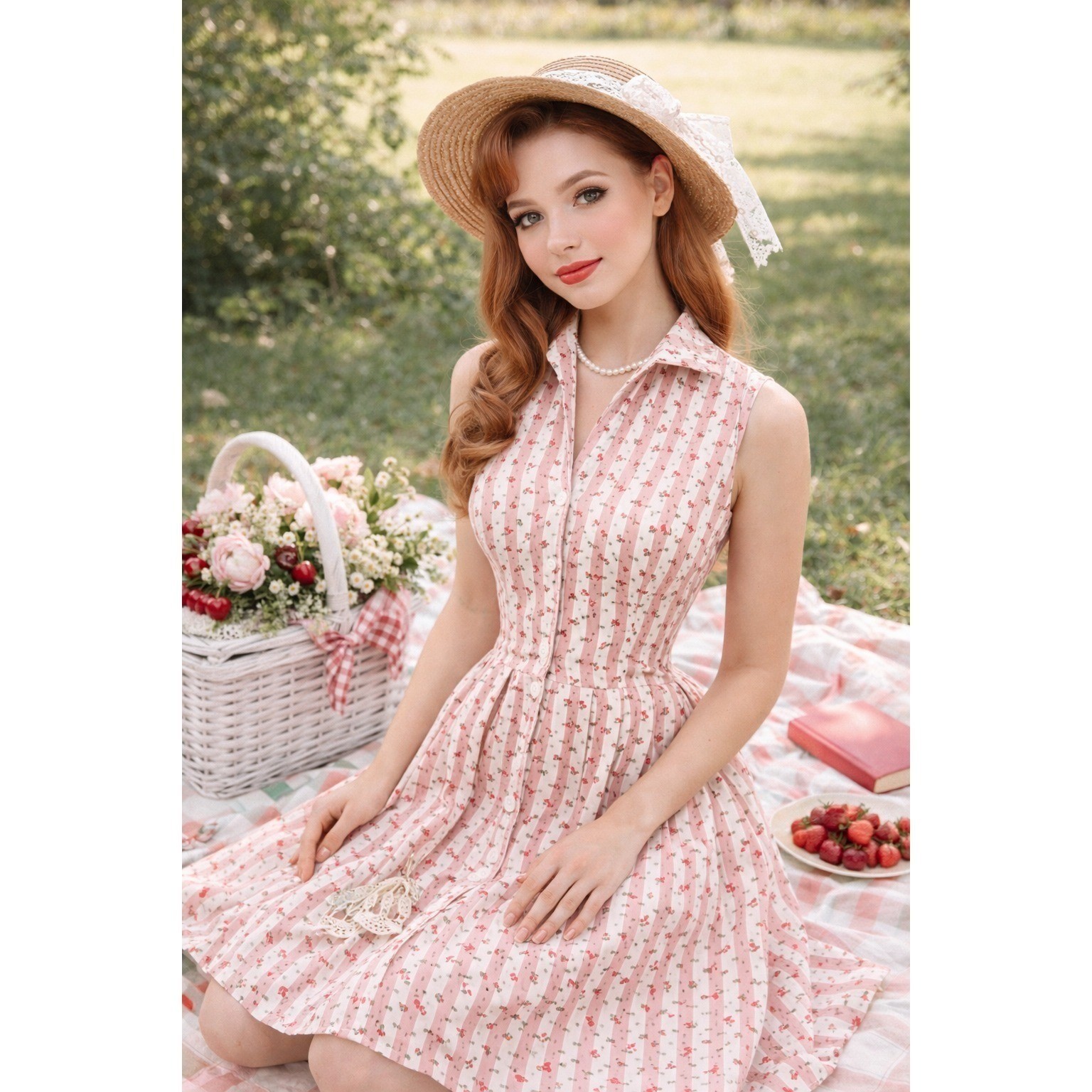 Cherry Print Shirt Swing Dress Size 4 Stripe Retro Rockabilly Unique Vintage
