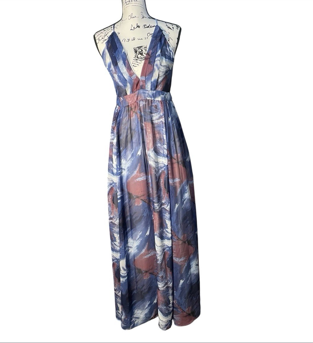 Lulumari Maxi Watercolor Print Plunge V-Neck Strappy Open Back Open Size Medium