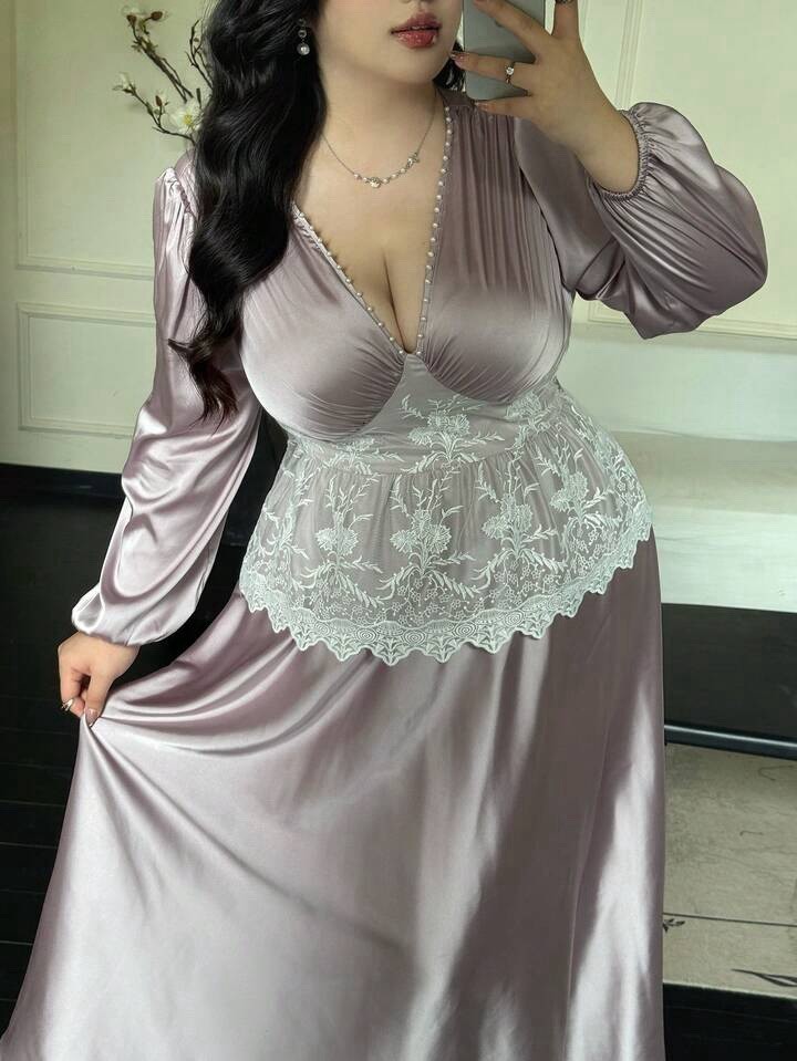 NEW Shiny 2nd Skin Satin Maxi Long Sleeve Twirly Cinched Waist Dress PLUS 3XL