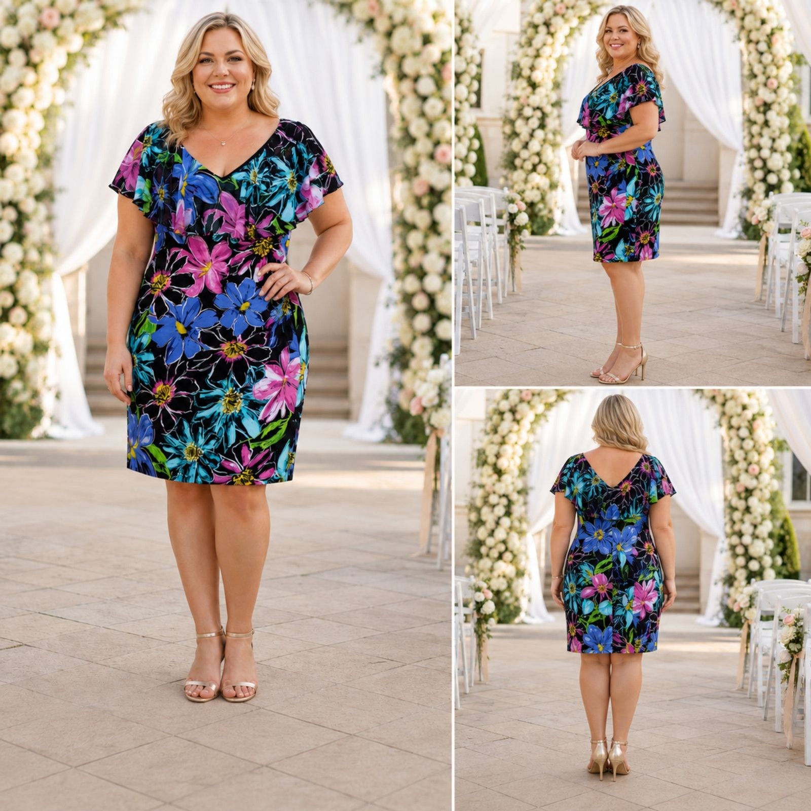 Connected Apparel Floral Flounce Neckline Dress 16 Black Pink Blue Wedding Guest