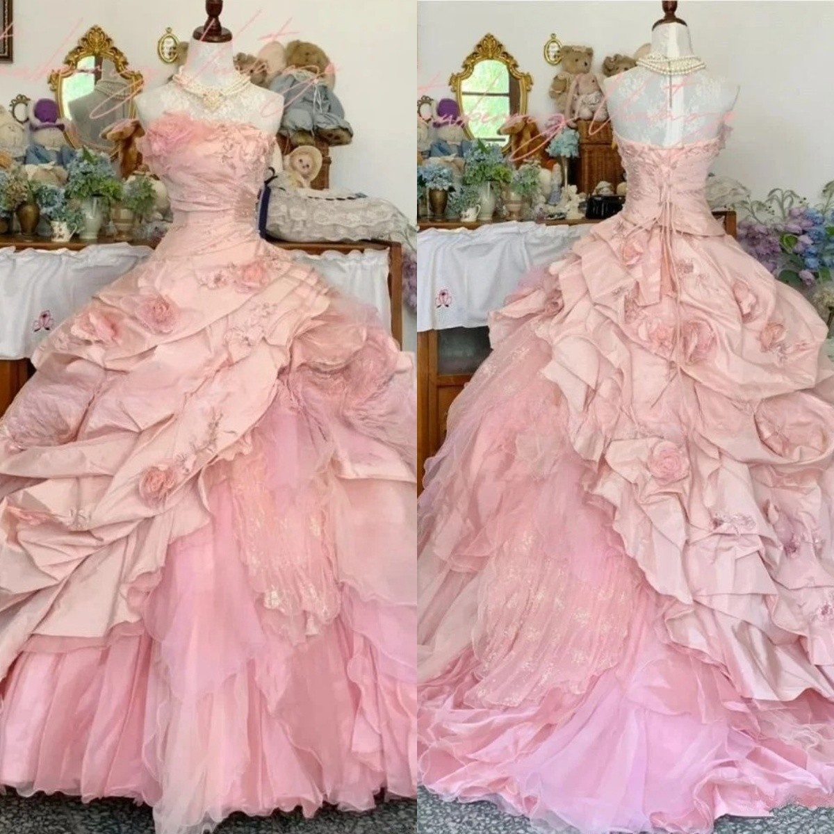 Pink Victorian Prom Dresses Sweetheart Lace Floral Applique Layered Evening Gown