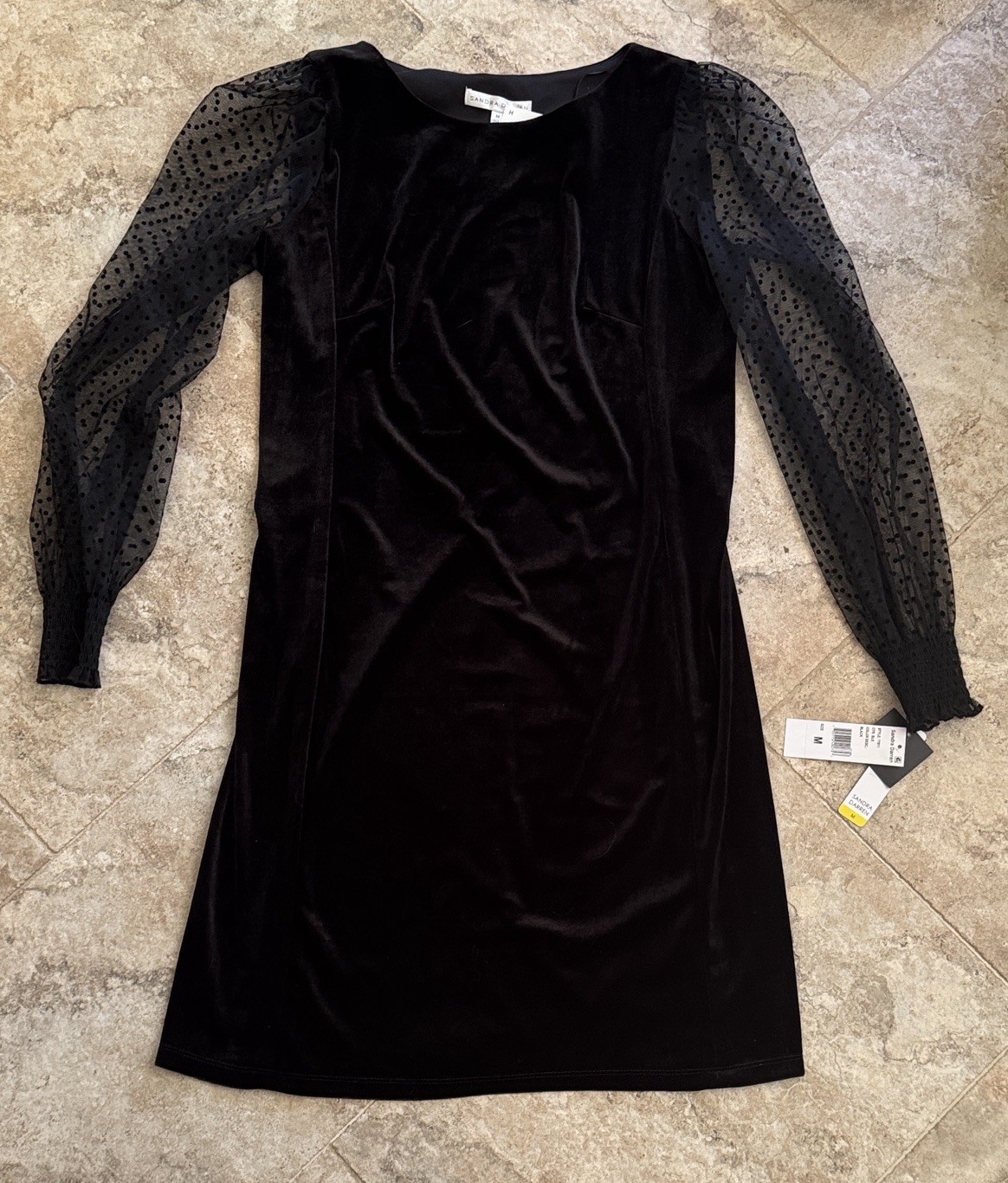 Nwt Sandra Darren Dress Sz Medium Black Velvet Sheer Long Sleeve Midi Swiss Dot