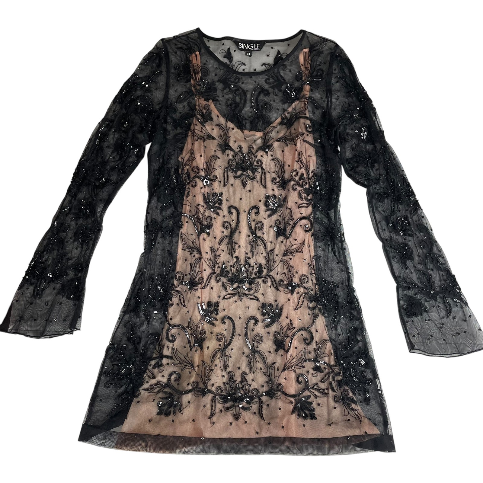 Single LA Black Floral Sequins Long Sleeve Sheer Mini Dress Size M Glam Luxury