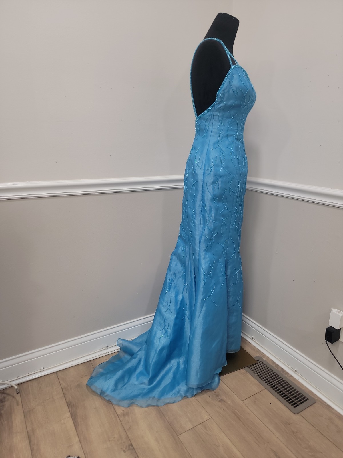 VTG Y2K Alyce Designs Turquoise Beaded Mermaid Prom Evening Gown Size 8
