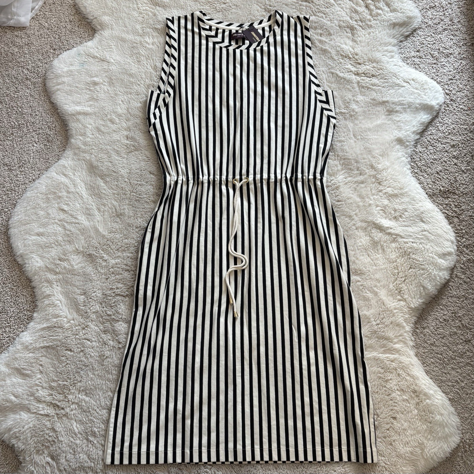 Johnston Murphy Womens Striped Midi Dress Large Career Casual Black Cream NWT