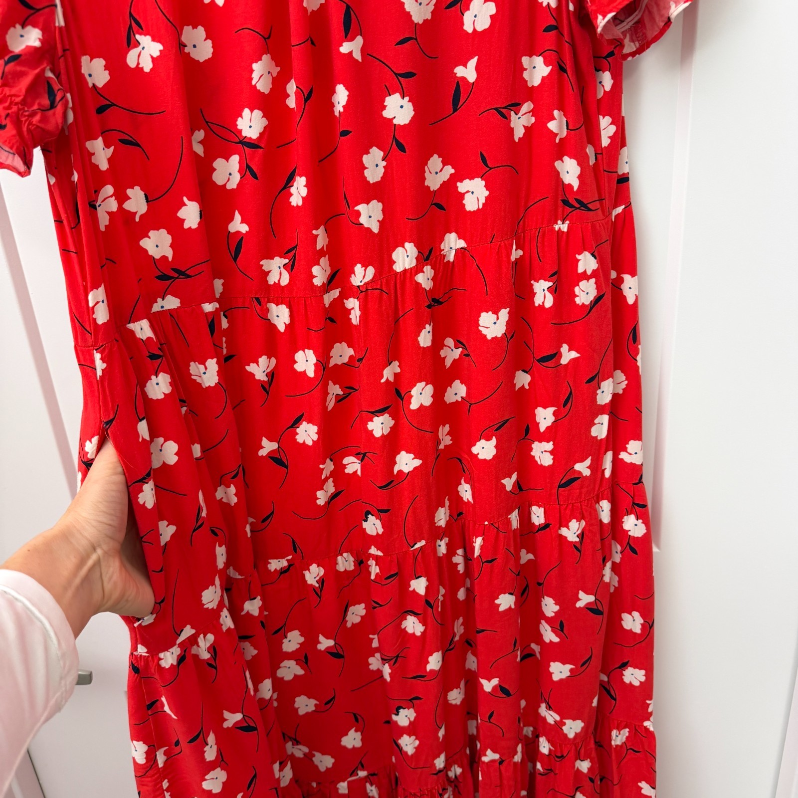 J.Crew Re-Imagined Red Floral Tiered Midi Dress XL Puff Sleeve 100% Viscose