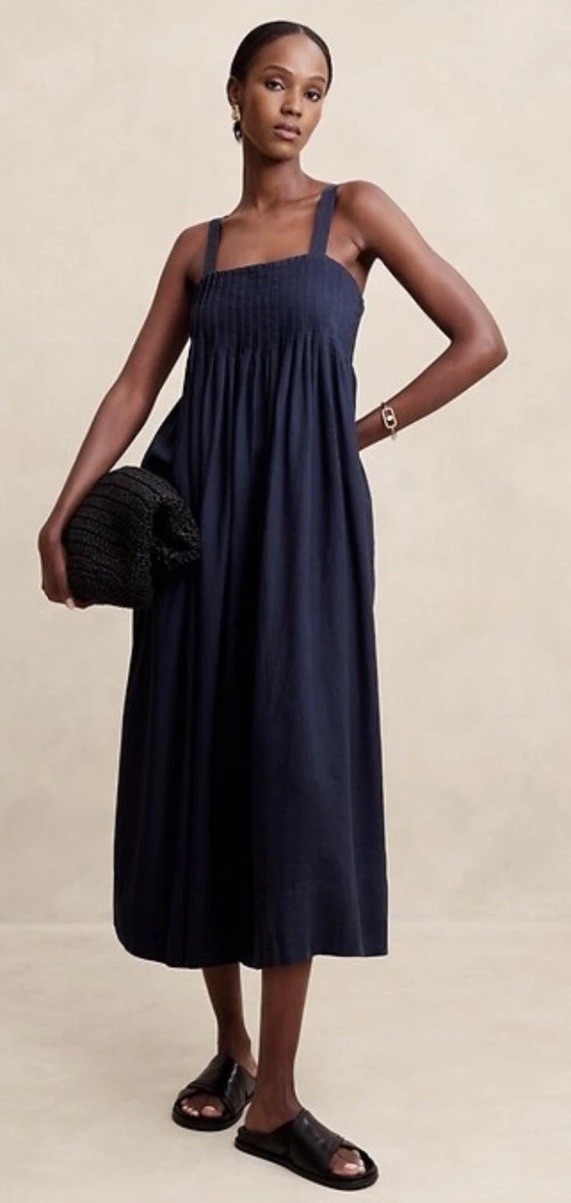 Banana Republic Linen Blend Drapey Pleated Midi Dress Coastal Lagenlook Boho M