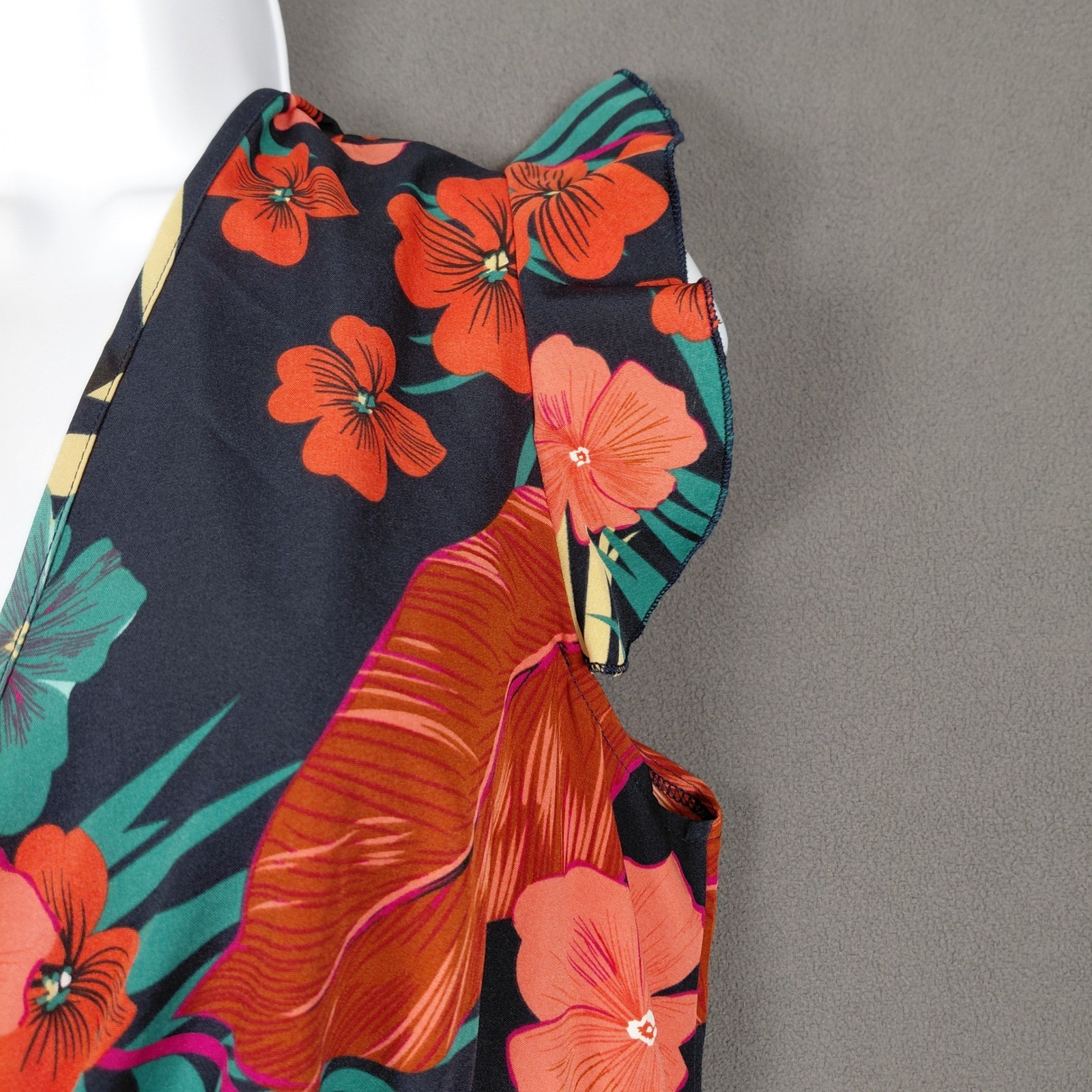 Tropical Floral V-Neck Ruffle Mini Dress Flutter Sleeve Tie Back High Waist ?Lg?
