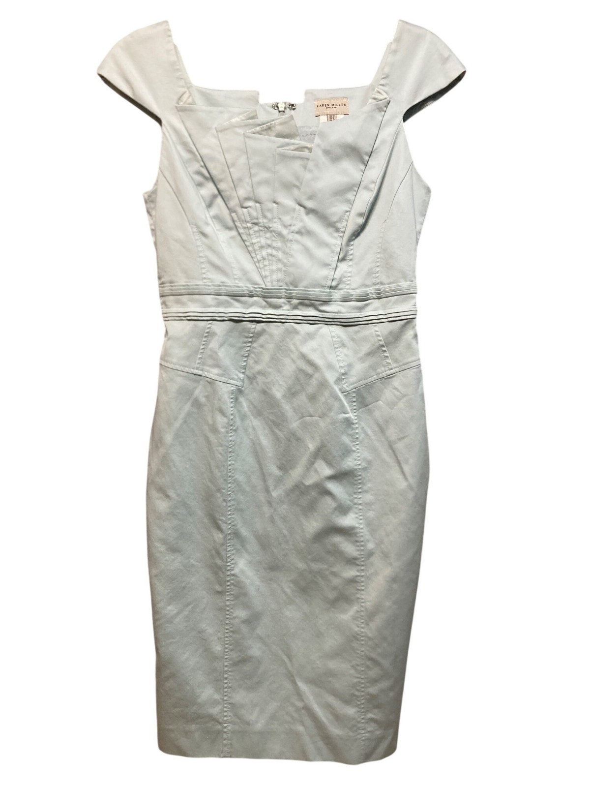 Karen Millen Mint Green Sheath Dress structured, pleated neckline Pencil Fitted