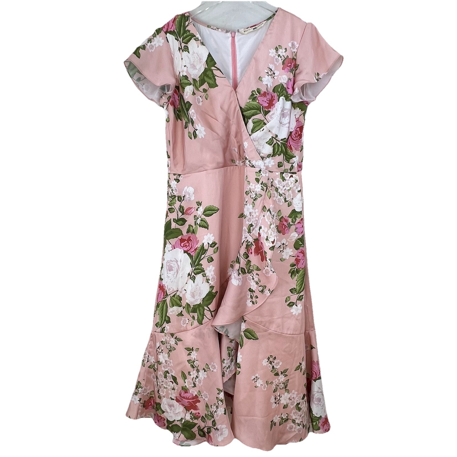 WAYWARD FANCIES eShakti Floral Dress XL 14-16 Blush Pink Satin Faux Wrap Midi